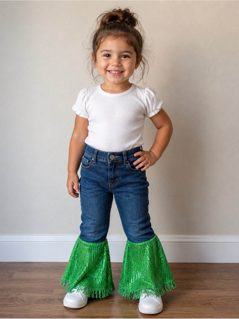 Kids Green Sequin Flared Jean Bottoms